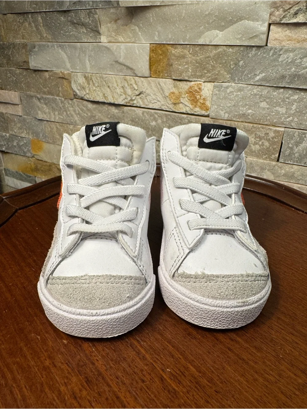 Child Sz 5 Nike Blazer Mid '77 SE White Leather W/ Orange Swoosh Walker Sneakers